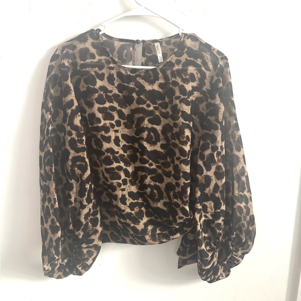 Truth Blouse Leopard Print Large Balloon Sleeve Grunge Brown Chiffon Dressy Chic